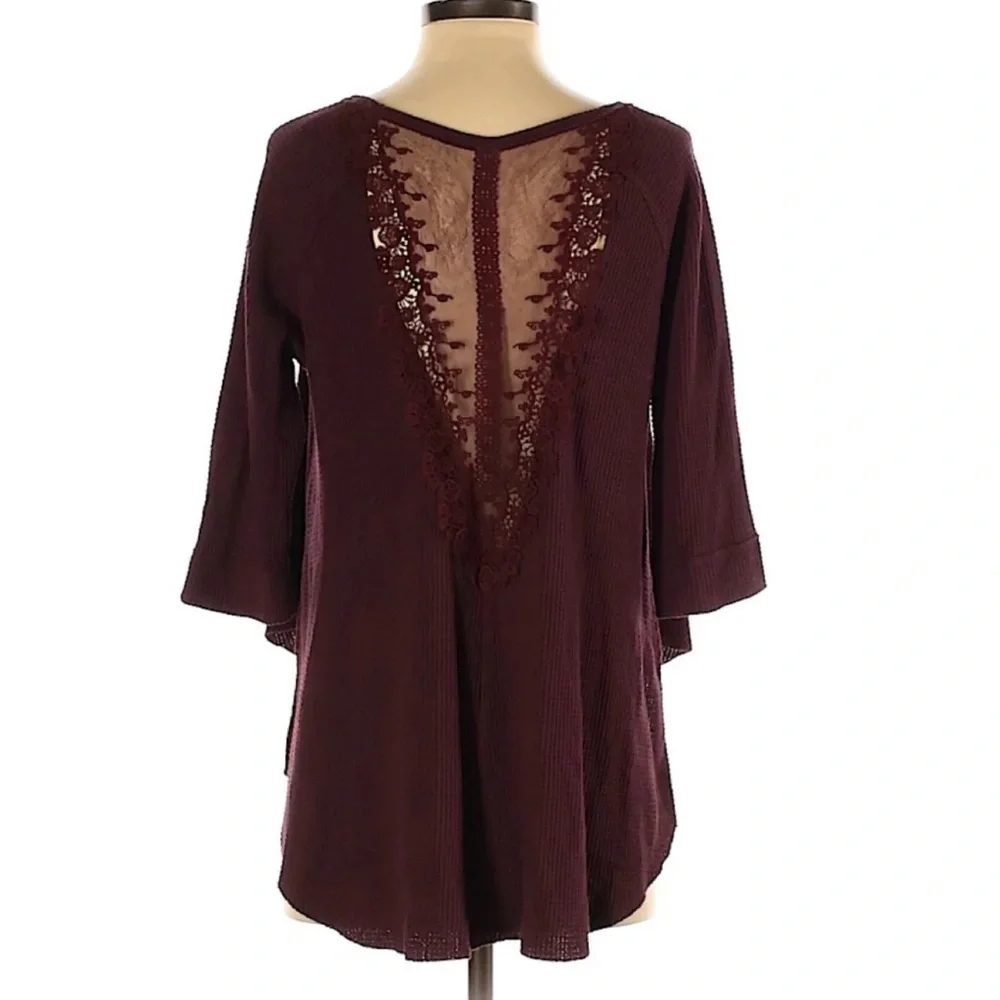 Free People Maroon Open Back Lace Waffle Top Medium - Picture 2 of 10